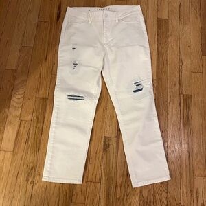 WHBM white distressed  straight Jean with blue patches